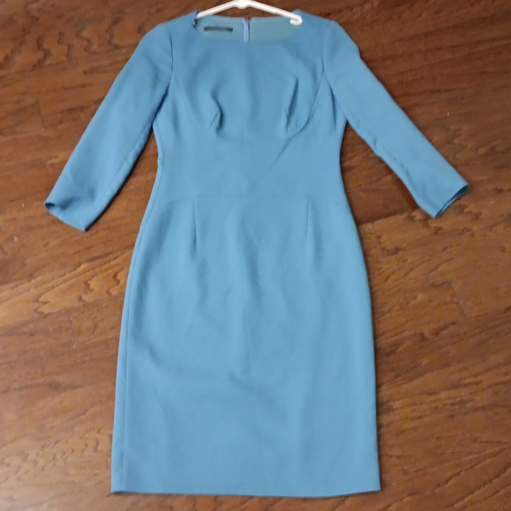 Rene Lezard aqua blue structured lined zipper back 3/4 sleeve midi dress fitted